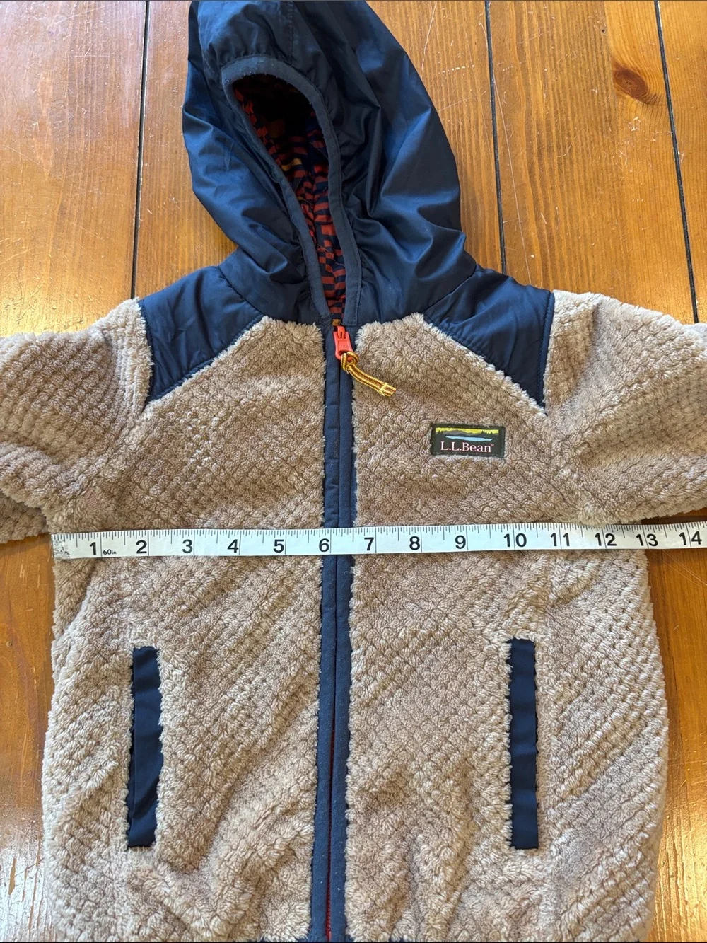 L.L. Bean Reversible Tan Sherpa Jacket /Navy Hood & Trim Boys Size Boys 12-18 M